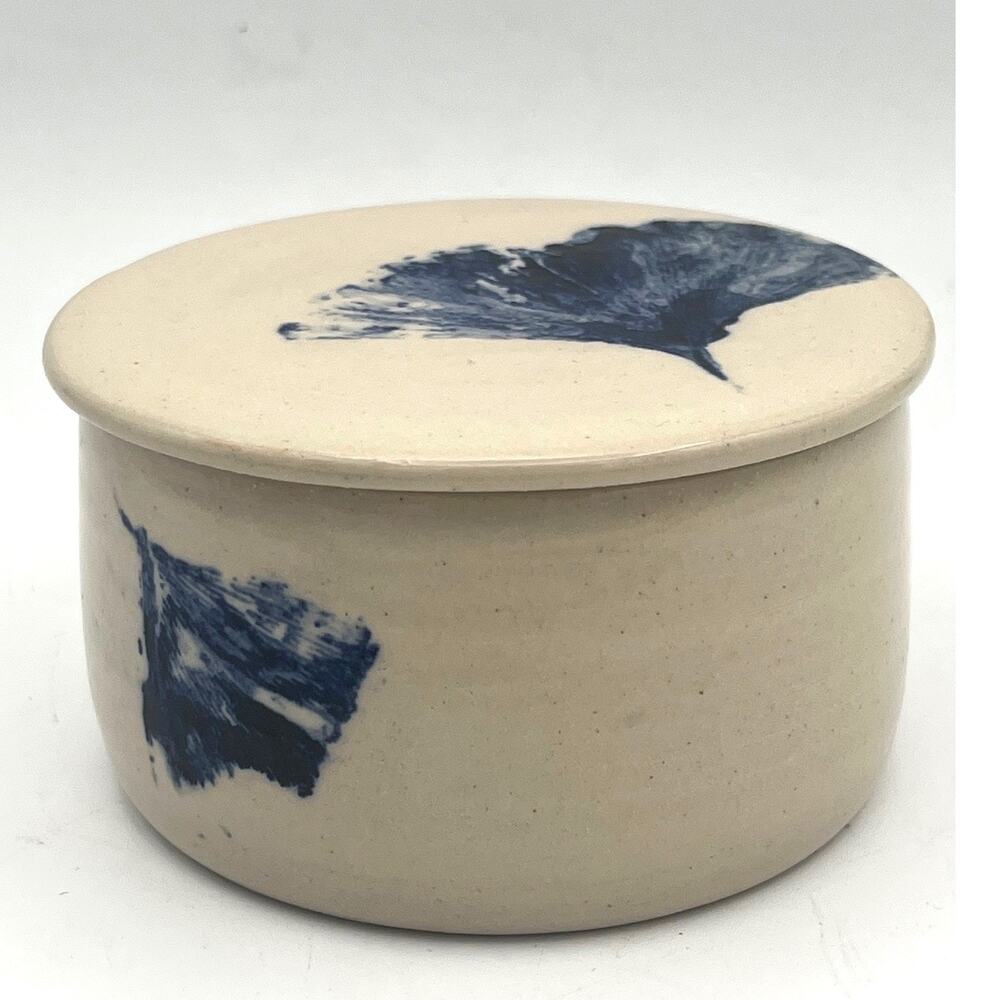 Handmade Stoneware French Butter Bell Crock Blue Ginkgo Leaf Cream Pottery 3 x 2